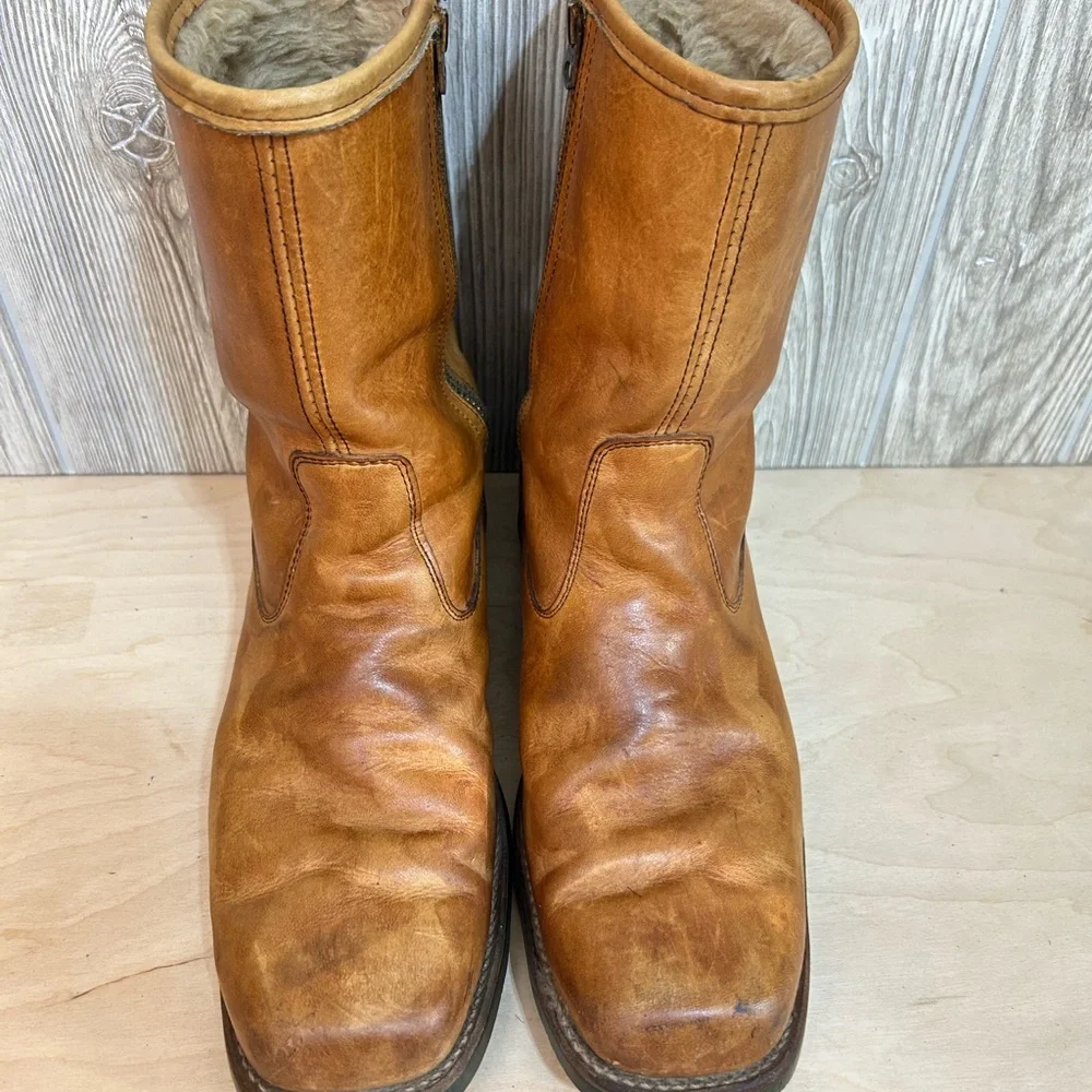 Vintage Sheboygan Burnt Orange Leather Side Zip Fleece Lined Utility Boots 9.5